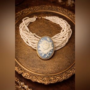 Signed Avon NR Vintage Multi-Strand Seed Bead Cameo Choker Necklace